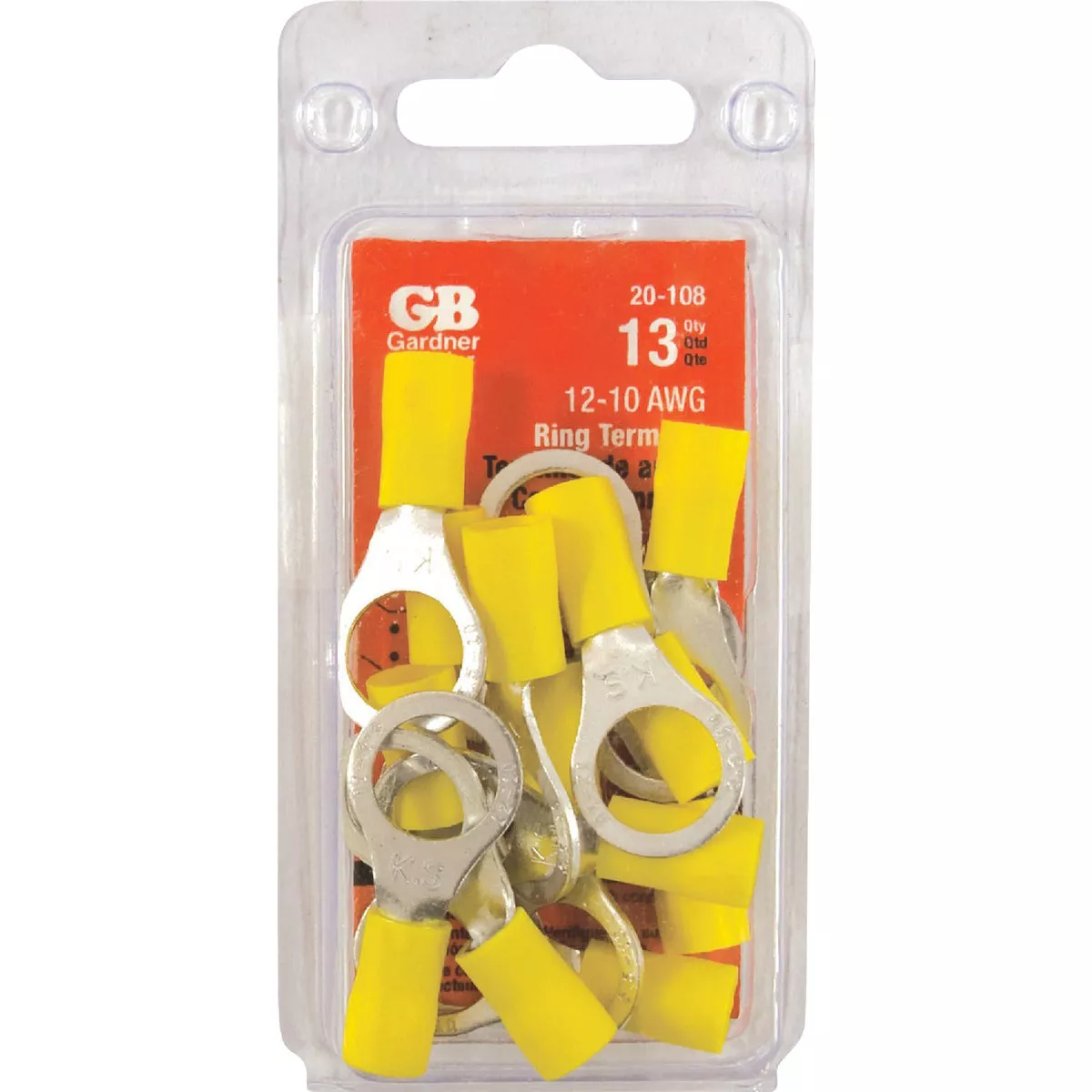 Gardner Bender 12 to 10 AWG 1/4 In. to 3/8 In. Stud Size Yellow Vinyl-Insulated Barrel Ring Terminal (13-Pack)