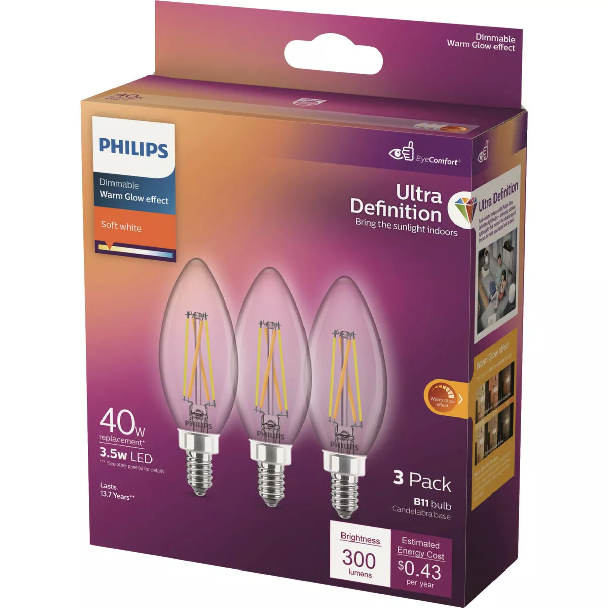 Philips Ultra Definition 40W Equivalent B11 LED Candelabra Base Soft White Light Bulb (3-Pack) - photo 2