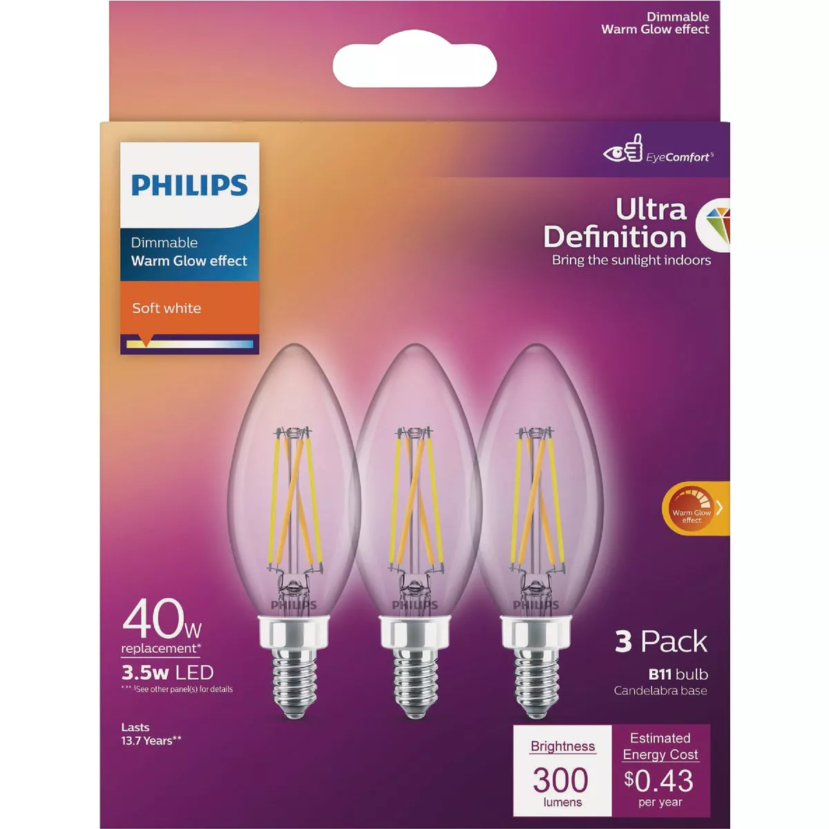 Philips Ultra Definition 40W Equivalent B11 LED Candelabra Base Soft White Light Bulb (3-Pack) - photo 5