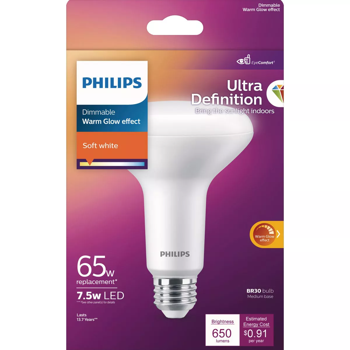 Philips Warm Glow Ultra Definition 65W Equivalent Soft White BR30 Medium Dimmable LED Floodlight Light Bulb - photo 2