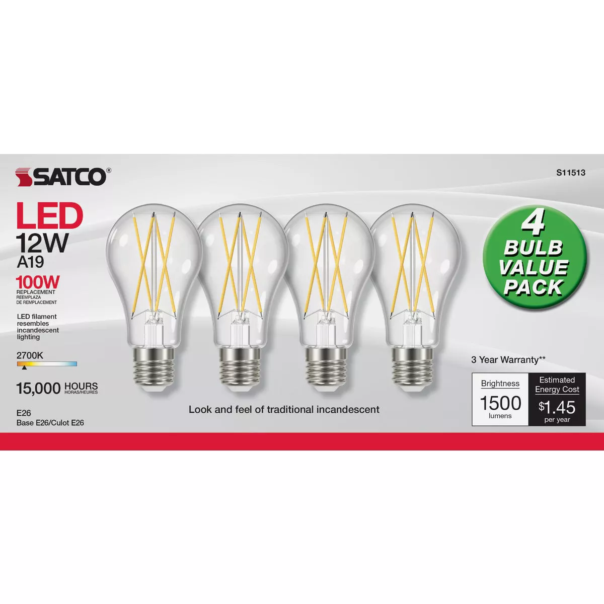 Satco Nuvo 100W Equivalent Warm White A19 Medium Clear LED Light Bulb (4-Pack) - photo 2