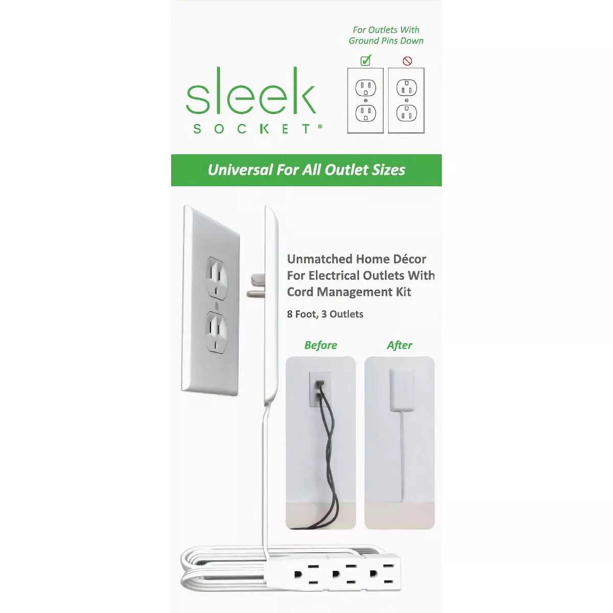 Sleek Socket 3-Outlet White Ultra-Thin Electrical Outlet Cover Power Strip with 8 Ft. Cord - photo 4