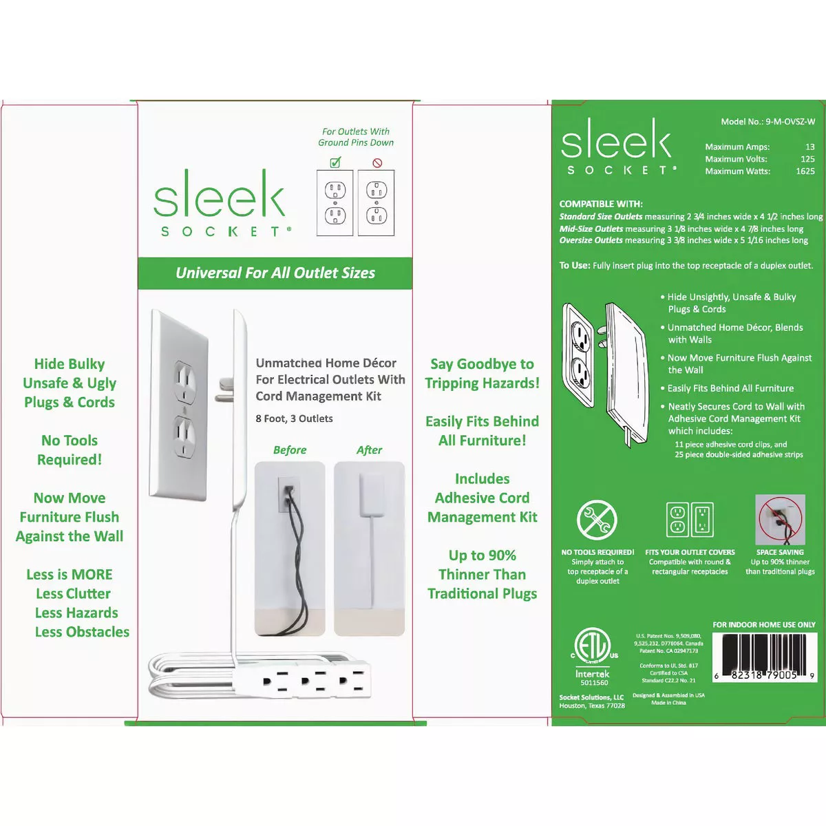 Sleek Socket 3-Outlet White Ultra-Thin Electrical Outlet Cover Power Strip with 8 Ft. Cord - photo 5