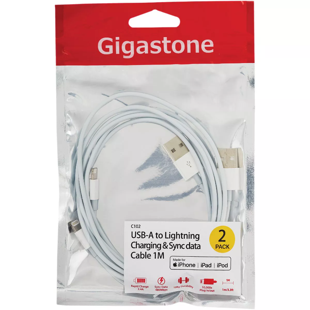 Gigastone 3 Ft. White USB-A to Lightning Charging & Sync Cable (2-Pack) - photo 2