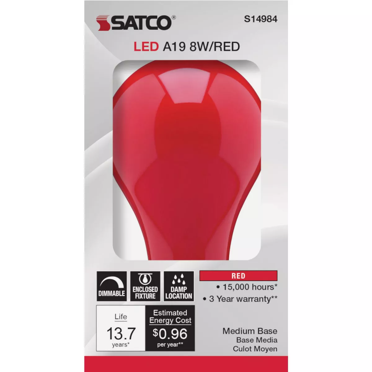 Satco Nuvo 60W Equivalent Red A19 Medium LED Party Light Bulb - photo 2