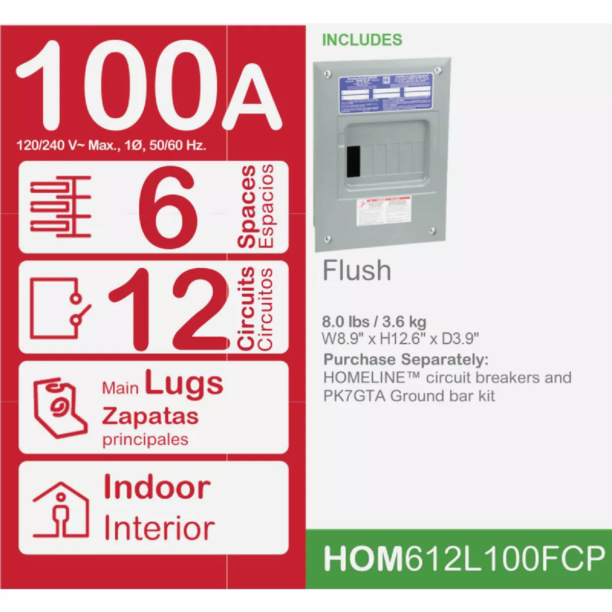 Square D Homeline 100A 6-Space 12-Circuit Indoor Main Lug Flush Mount Load Center - photo 2