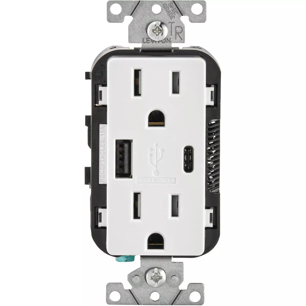 Leviton Decora 5.1A 5V White Type A/Type C USB Charging Outlet with 5-15R Tamper Resistant Duplex Outlet
