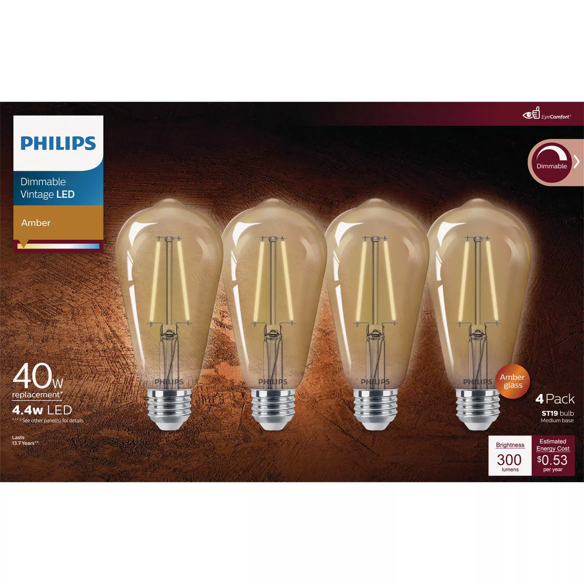 Philips Vintage 40W Equivalent Amber ST19 Medium LED Decorative Light Bulb (4-Pack) - photo 2