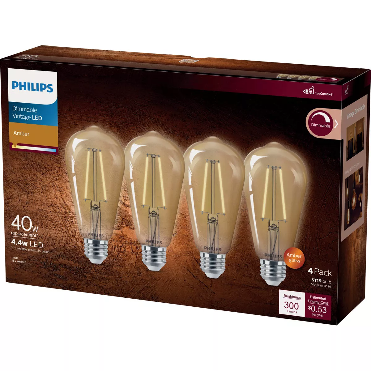 Philips Vintage 40W Equivalent Amber ST19 Medium LED Decorative Light Bulb (4-Pack) - photo 4