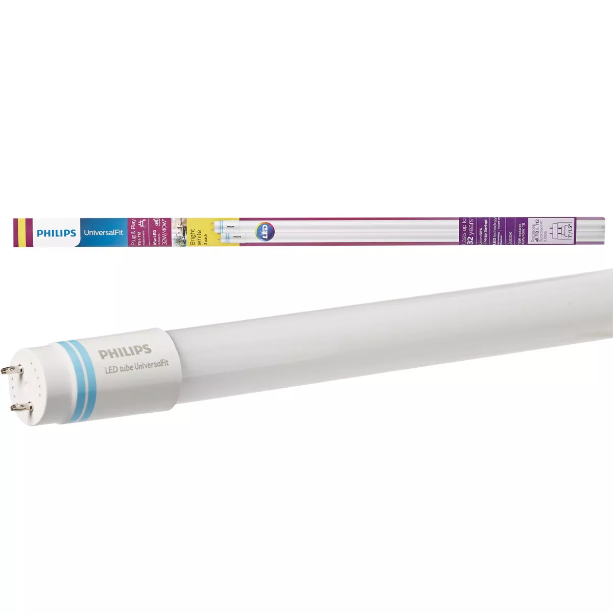 Philips UniversalFit 32W/40W Equivalent 48 In. Bright White T8 Bi-Pin LED Tube Light Bulb (2-Pack)