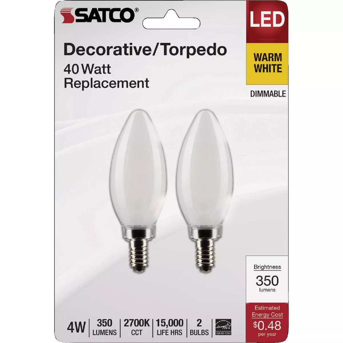 Satco 40W Equivalent Warm White B11 Candelabra Traditional Frosted LED Decorative Light Bulb (2-Pack) - photo 2