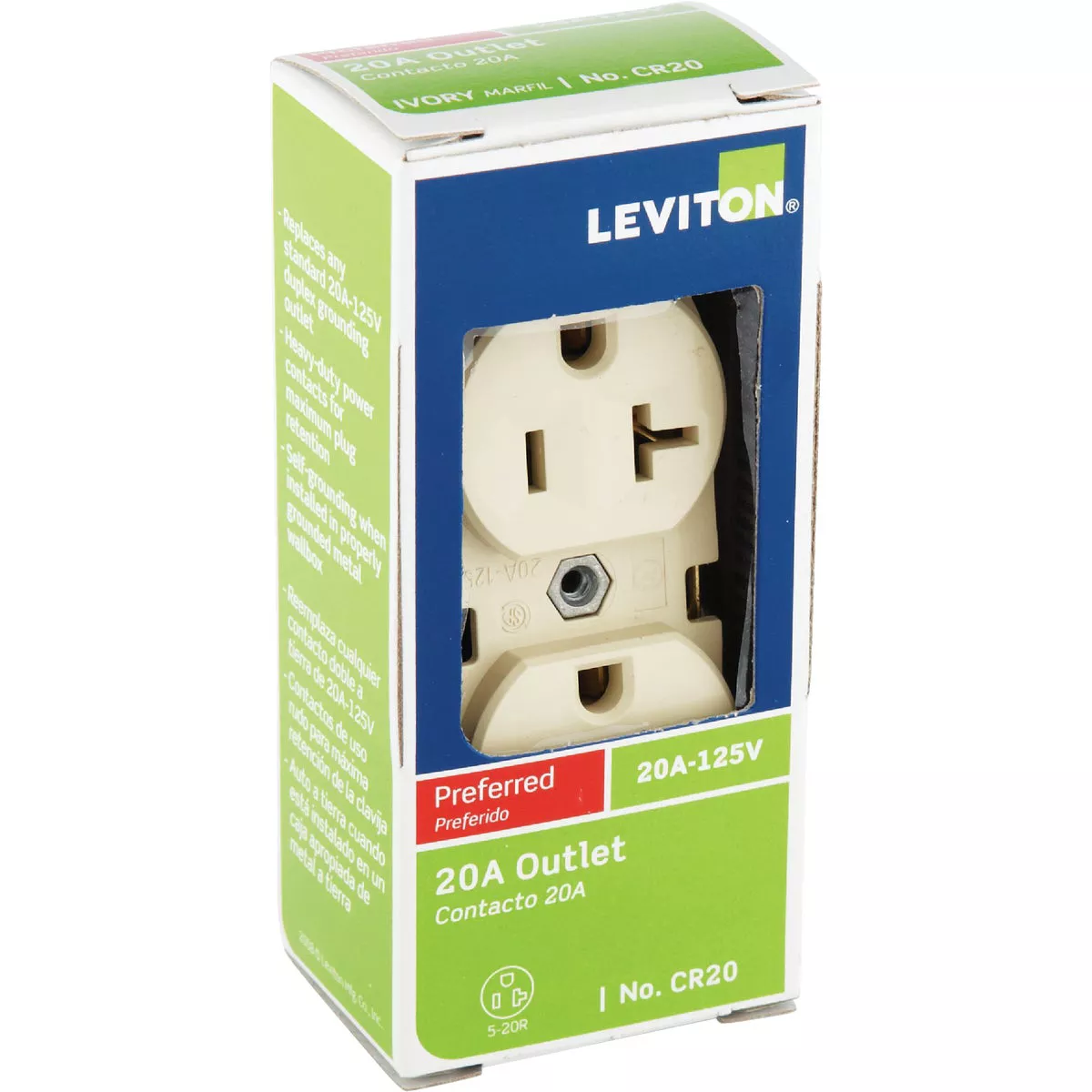 Leviton 20A Ivory Heavy-Duty 5-20R Duplex Outlet - photo 2