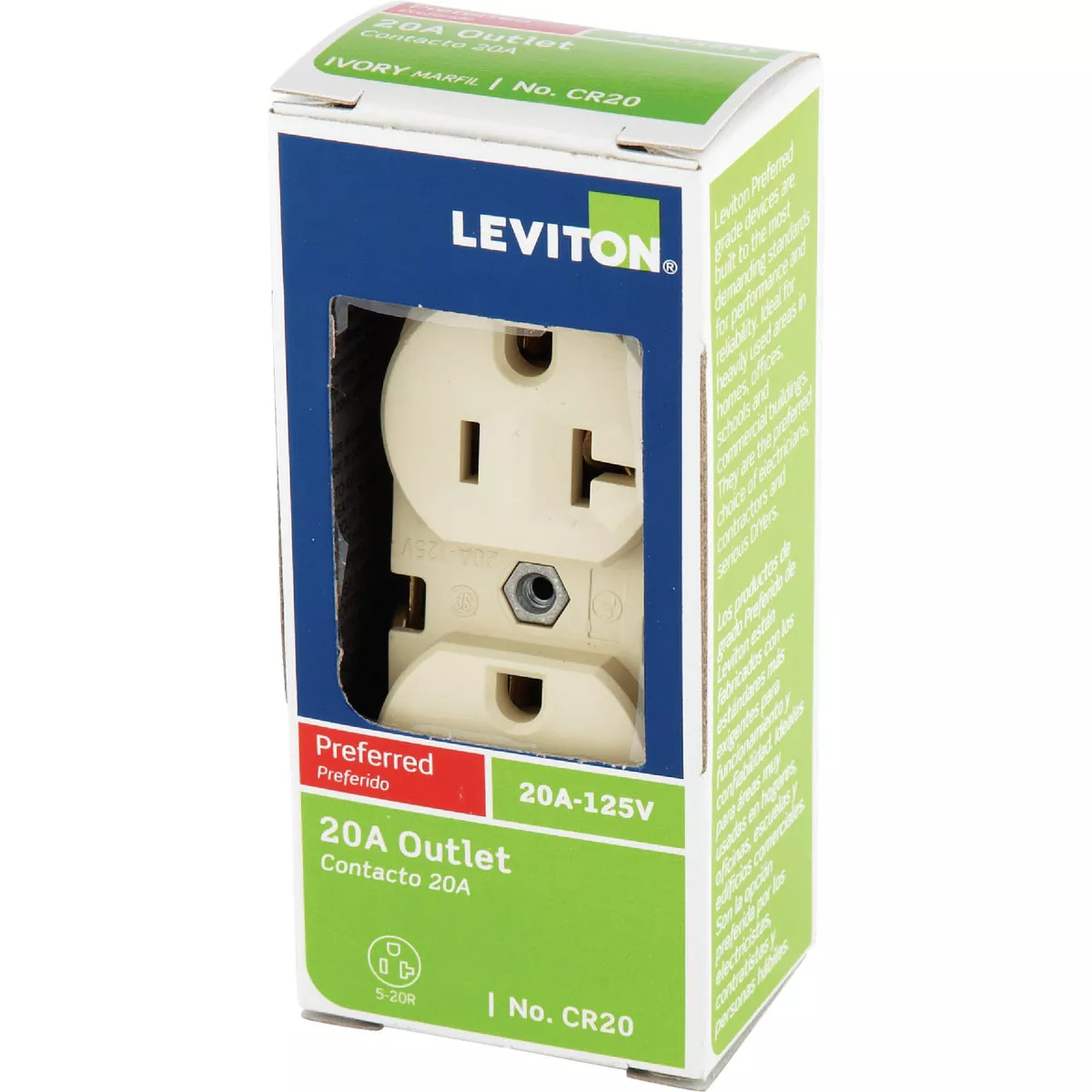 Leviton 20A Ivory Heavy-Duty 5-20R Duplex Outlet - photo 3