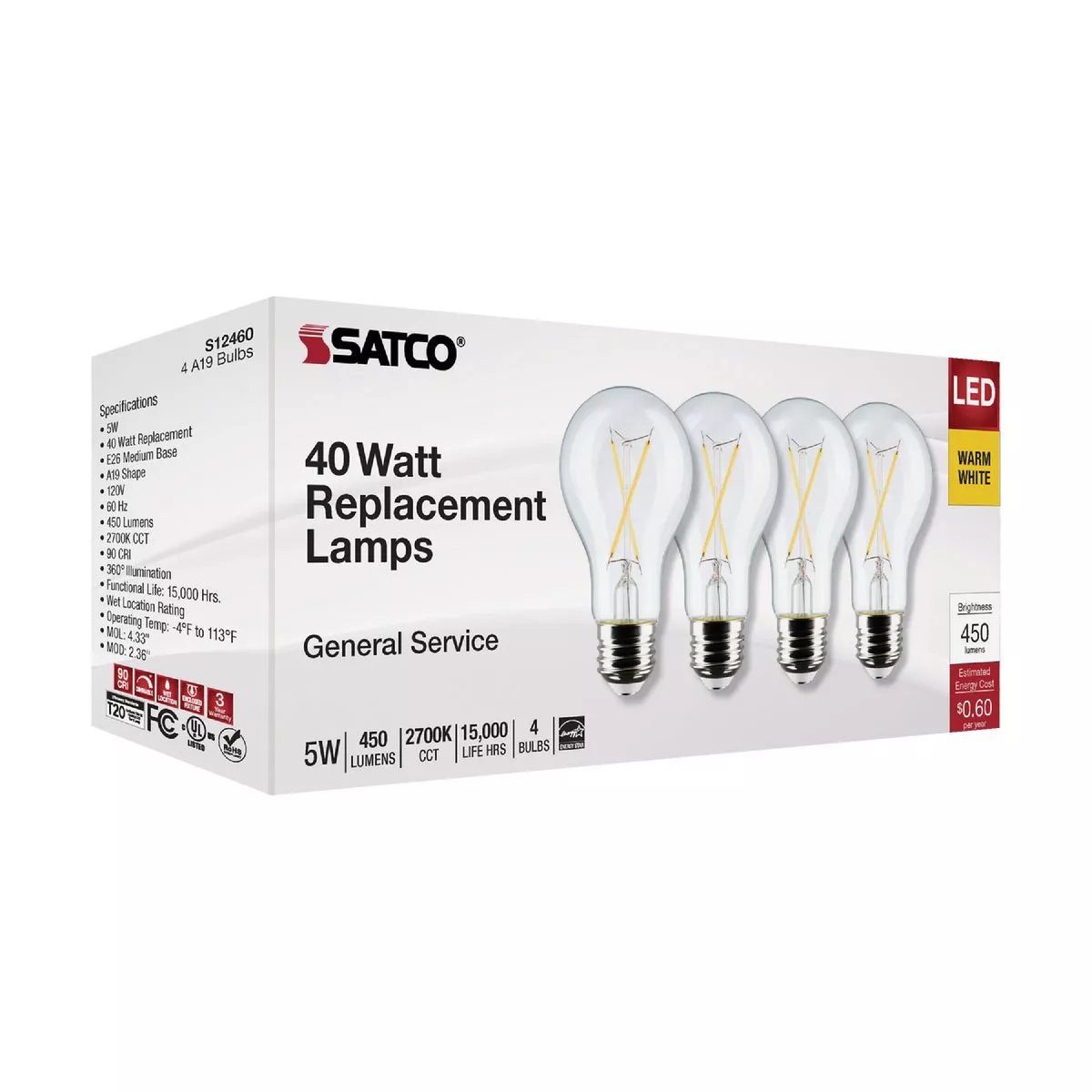 Satco 40W Equivalent Warm White A19 Medium Clear Dimmable LED Light Bulb (4-Pack) - photo 2