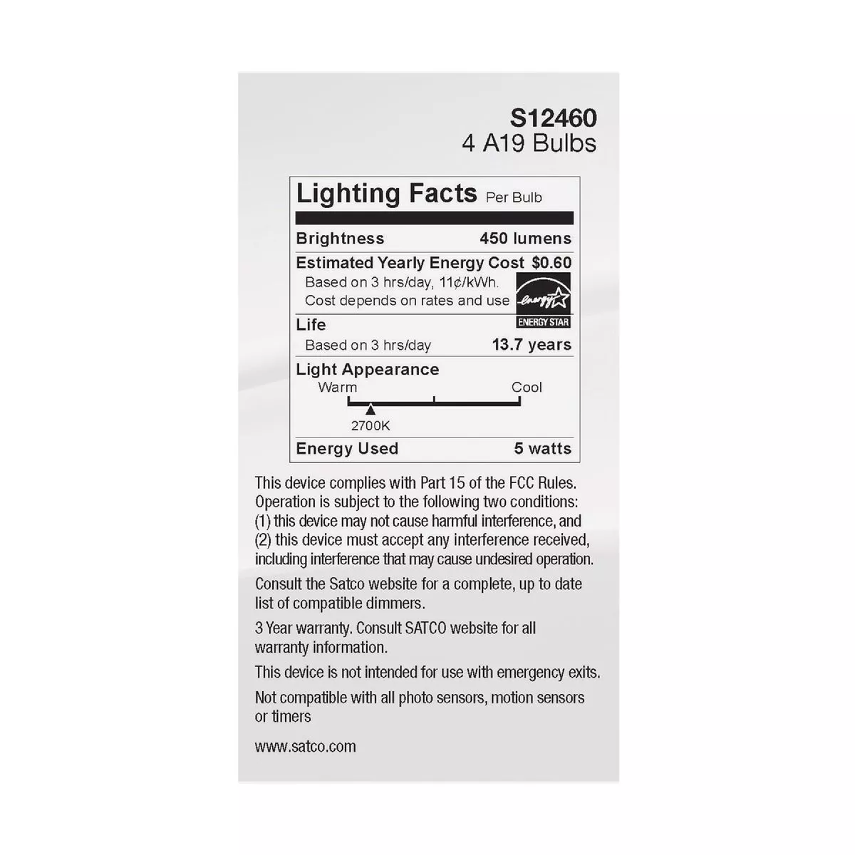 Satco 40W Equivalent Warm White A19 Medium Clear Dimmable LED Light Bulb (4-Pack) - photo 3