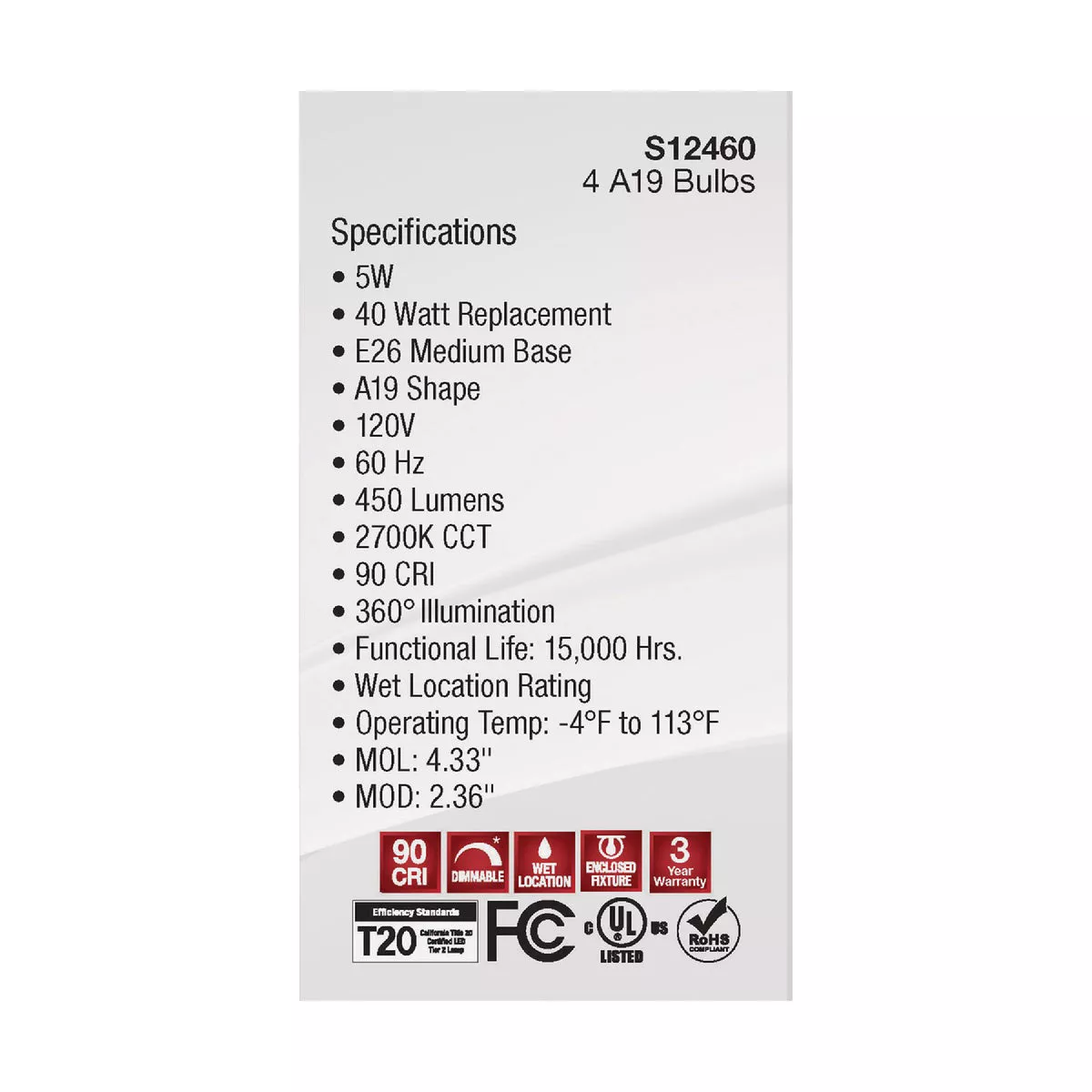 Satco 40W Equivalent Warm White A19 Medium Clear Dimmable LED Light Bulb (4-Pack) - photo 5