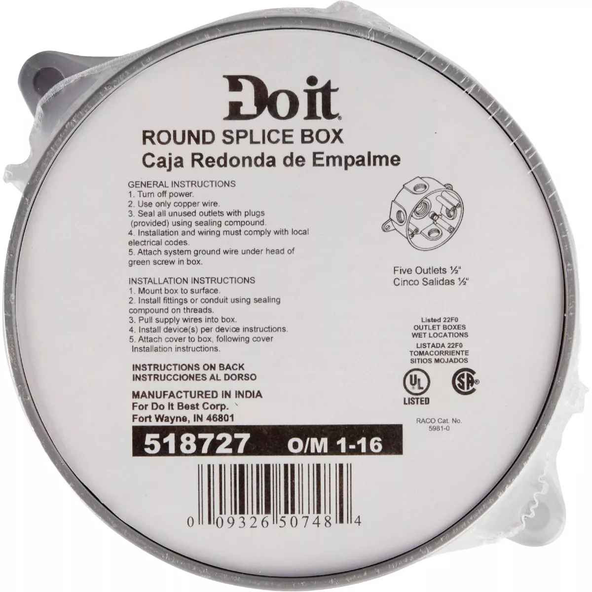 Bell 4 In. 5-Outlet 1/2 In. Gray Weatherproof Outdoor Round Box, Shrink Wrapped - photo 2