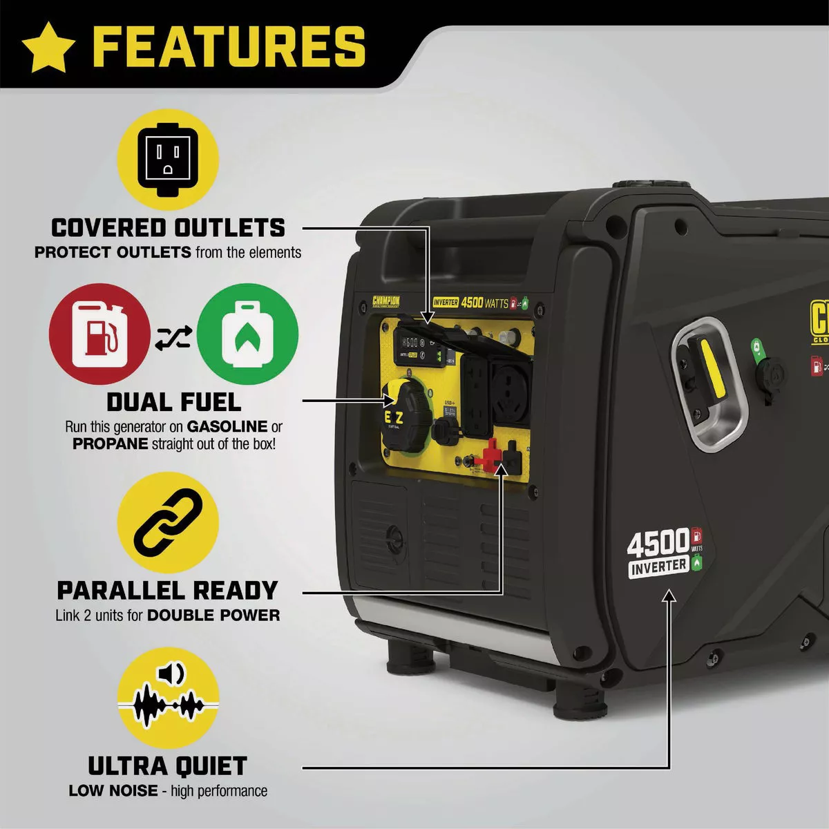 Champion 4500W Dual Fuel Electric/Recoil Inverter Generator with Quiet Technology - photo 4