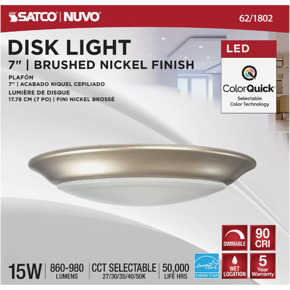 Satco Nuvo 7 In. Brushed Nickel 60W Equivalent LED CCT-Selectable Disk Flush Mount Light Fixture - photo 2