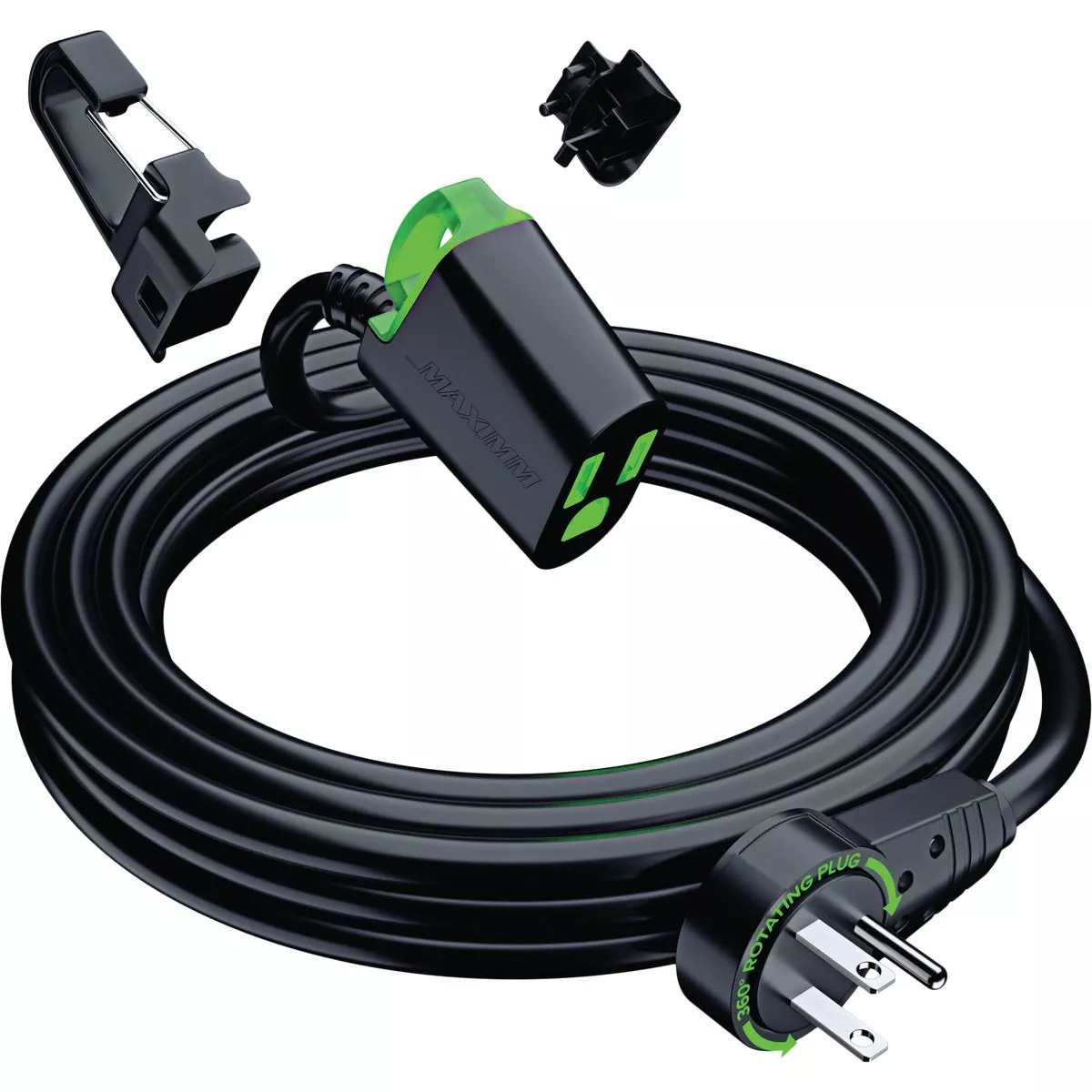 Maximm 15 Ft. 16/3 Black 1-Outlet 360 Deg. Rotating Plug Extension Cord with Lighted Hook