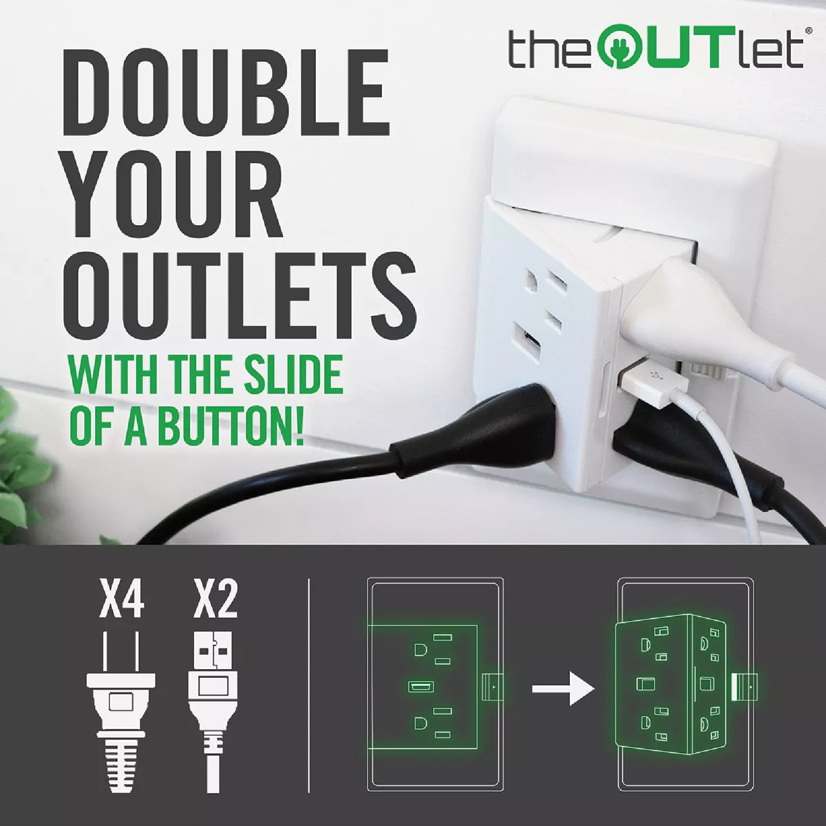 theOUTlet 2.1A/15A 125V White 4-Receptacle/2-USB Tamper Resistant Permanent Outlet Extender - photo 2