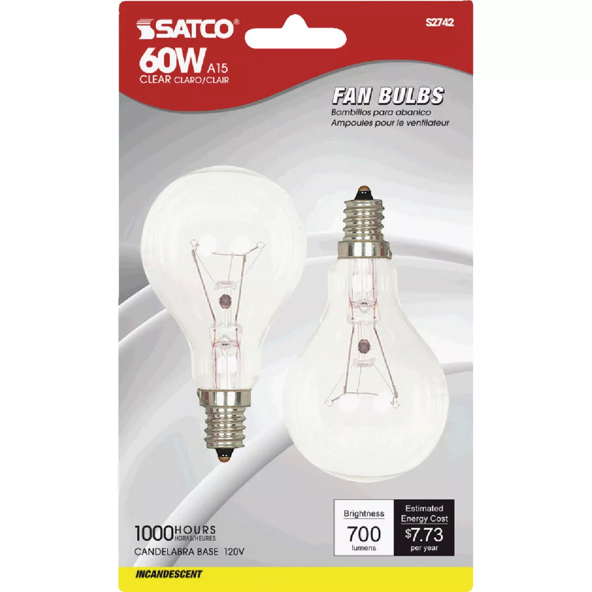 Satco 60W Clear Candelabra A15 Incandescent Ceiling Fan Light Bulb (2-Pack) - photo 2