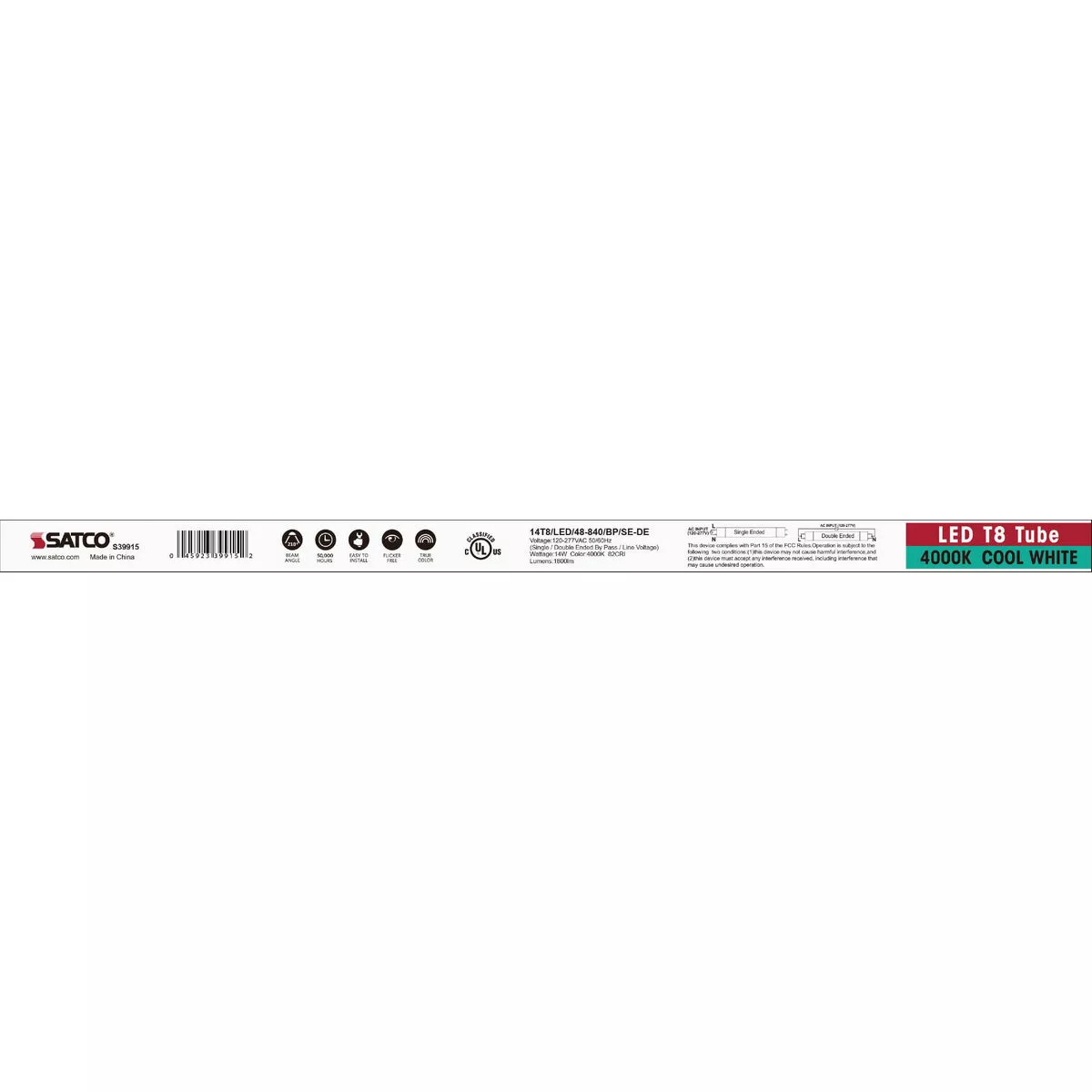 Satco 32W Equivalent 48 In. Cool White T8 Medium Bi-Pin Ballast Bypass DLC Listed LED Tube Light Bulb - photo 2