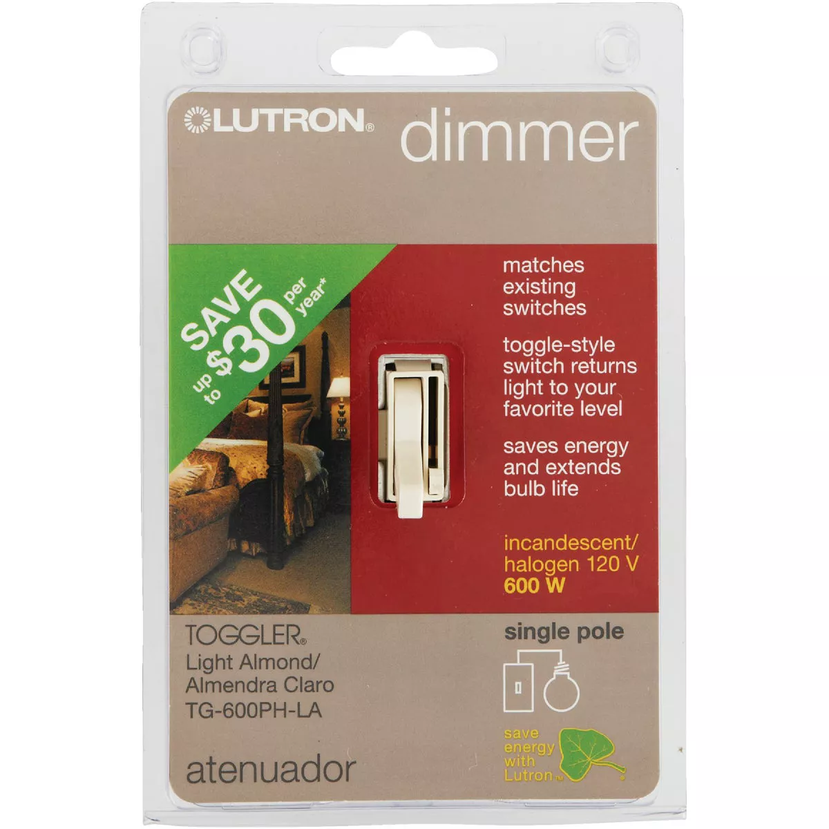 Lutron Toggler Incandescent Light Almond Single Pole Preset Slide Dimmer Switch - photo 2