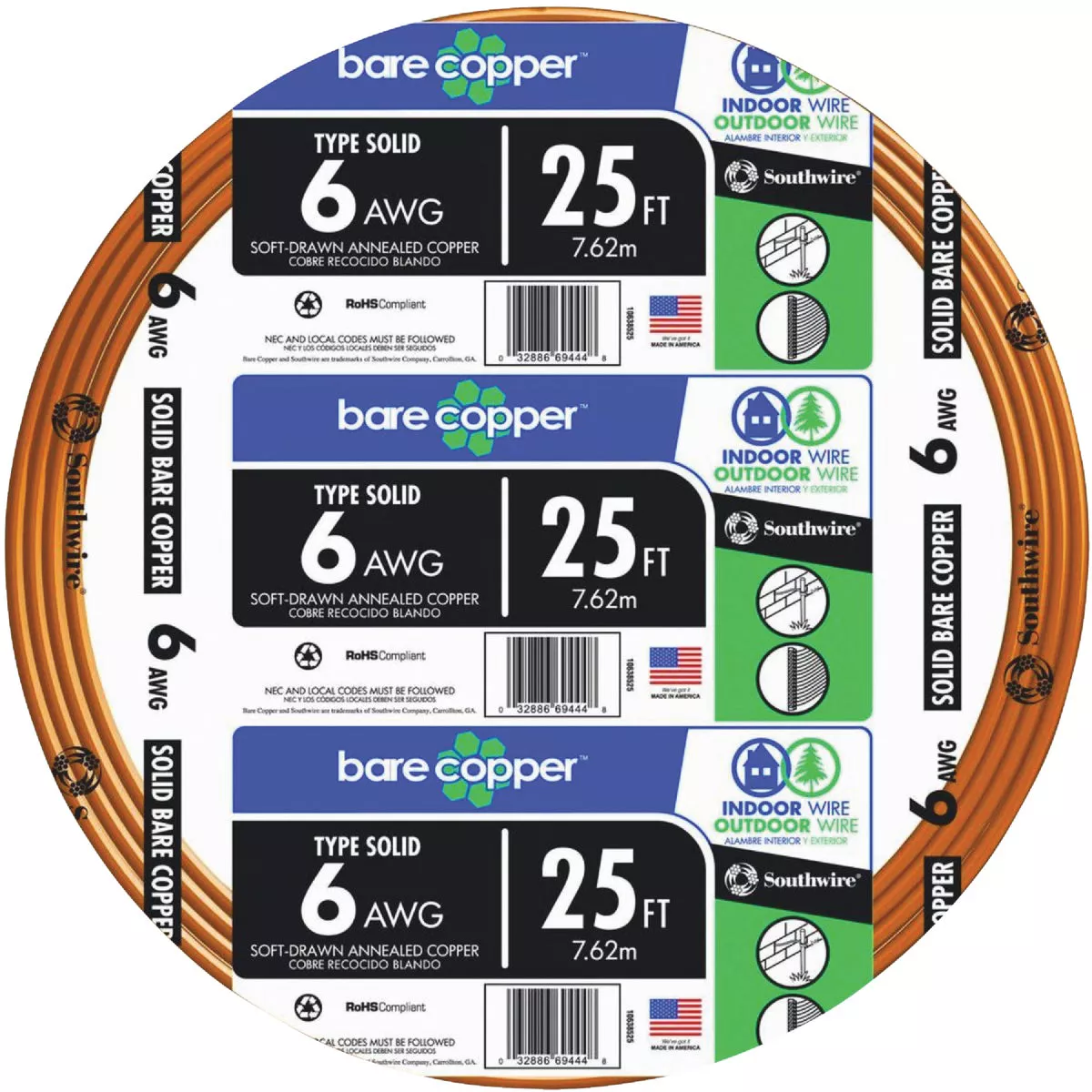 Southwire 25 Ft. 6AWG Solid Bare Ground Electrical Wire