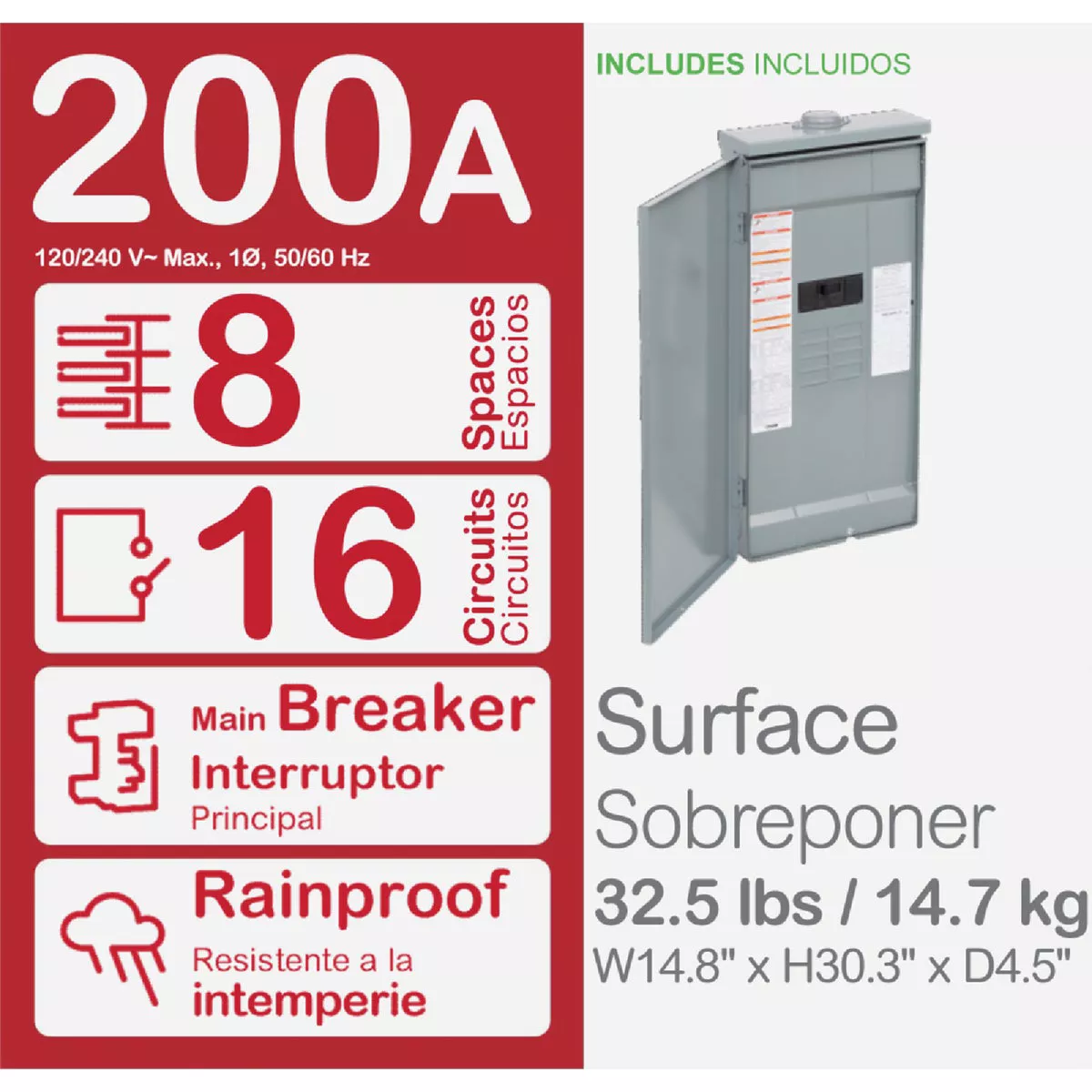 Square D Homeline 200A 8-Space 16-Circuit Raintight Main Breaker Plug-on Neutral Load Center with Feed-Through Lugs - photo 2