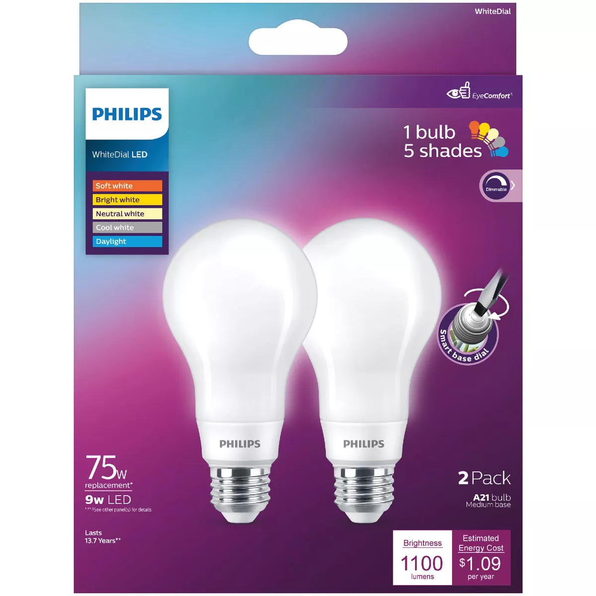 Philips WhiteDial 75W Equivalent Multi CCT A21 Medium LED Light Bulb (2-Pack) - photo 2