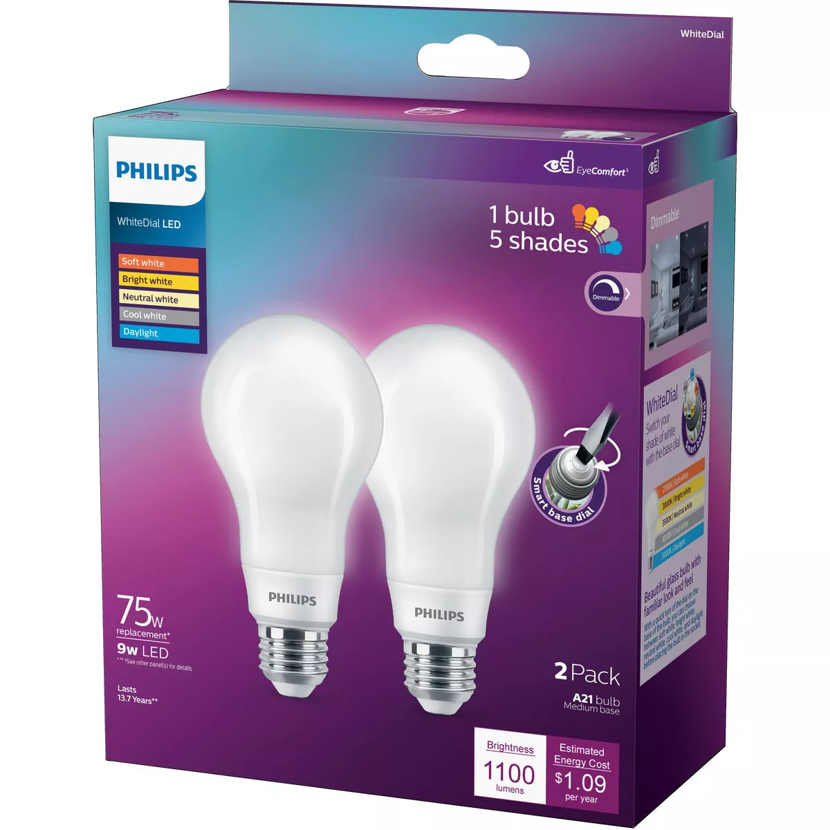 Philips WhiteDial 75W Equivalent Multi CCT A21 Medium LED Light Bulb (2-Pack) - photo 4