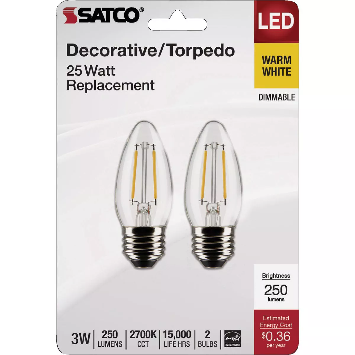 Satco 25W Equivalent Warm White B11 Medium Traditional LED Decorative Light Bulb (2-Pack) - photo 2
