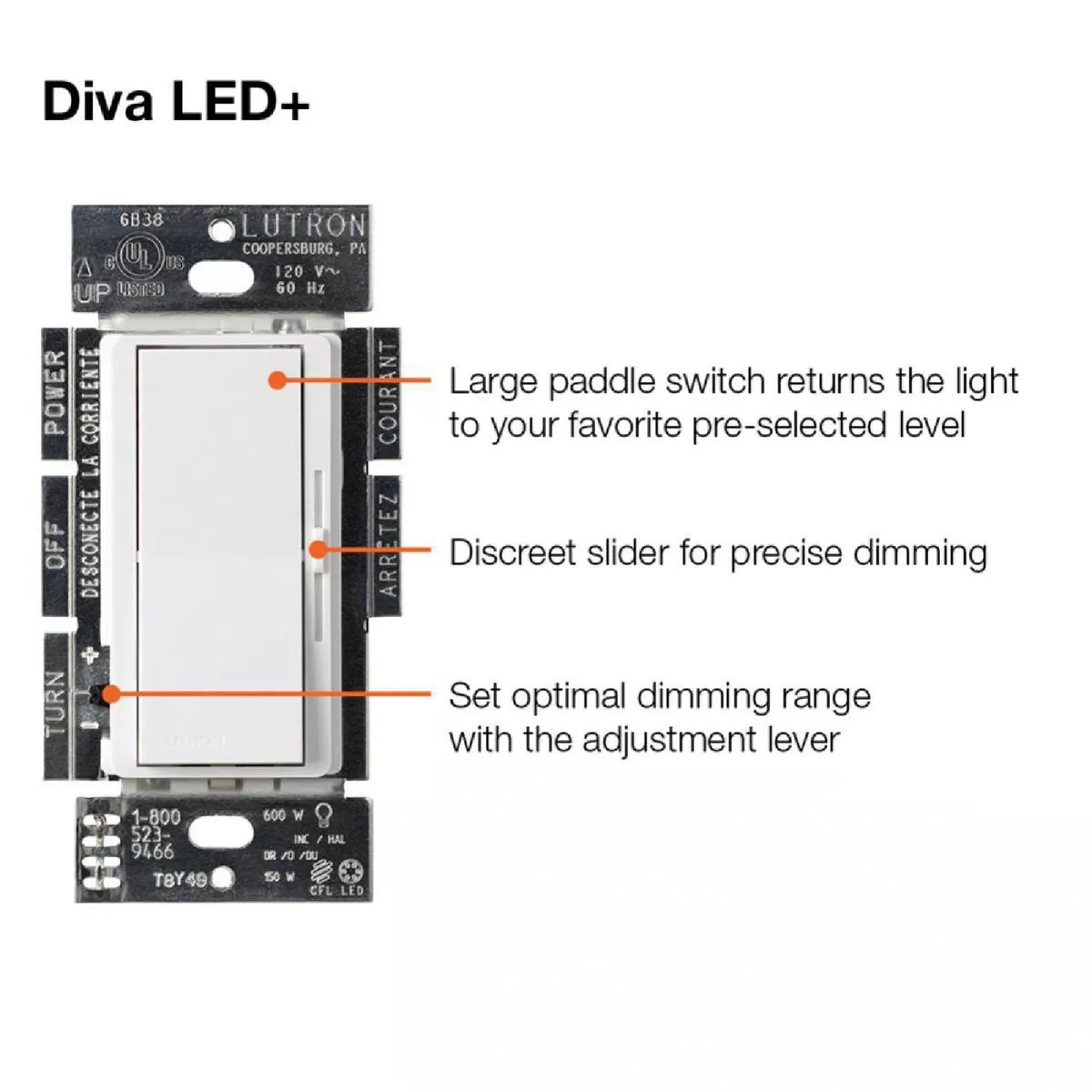 Lutron Diva Incandescent/Halogen/LED/CFL White Slide Dimmer Switch - photo 4