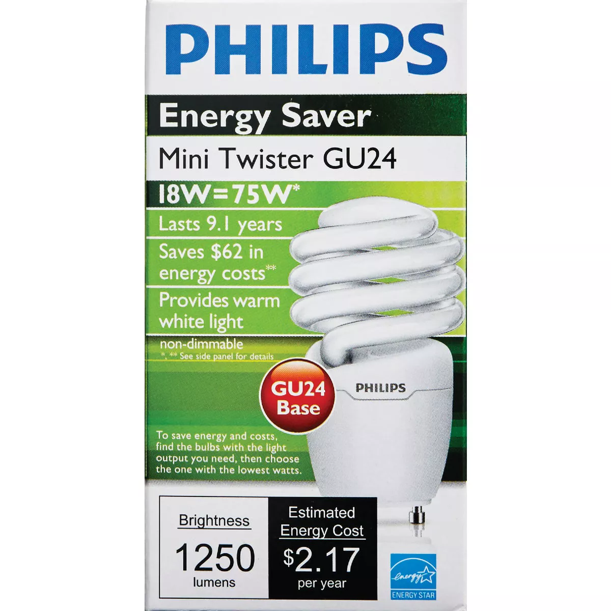 Philips Energy Saver 75W Equivalent Soft White GU24 Base T2 Spiral CFL Light Bulb - photo 2