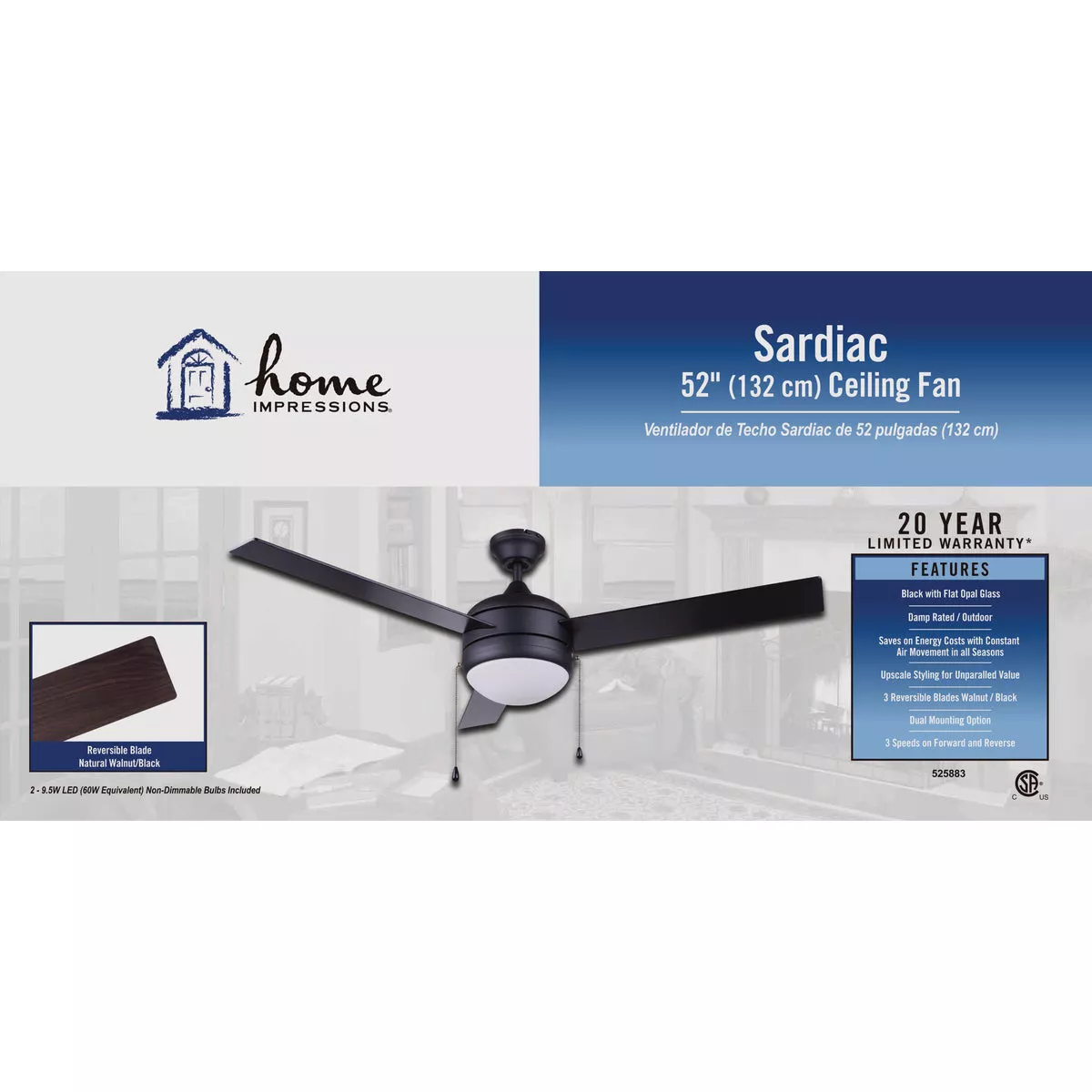 Home Impressions Sardiac 52 In. Black Outdoor Ceiling Fan with Light Kit - photo 3