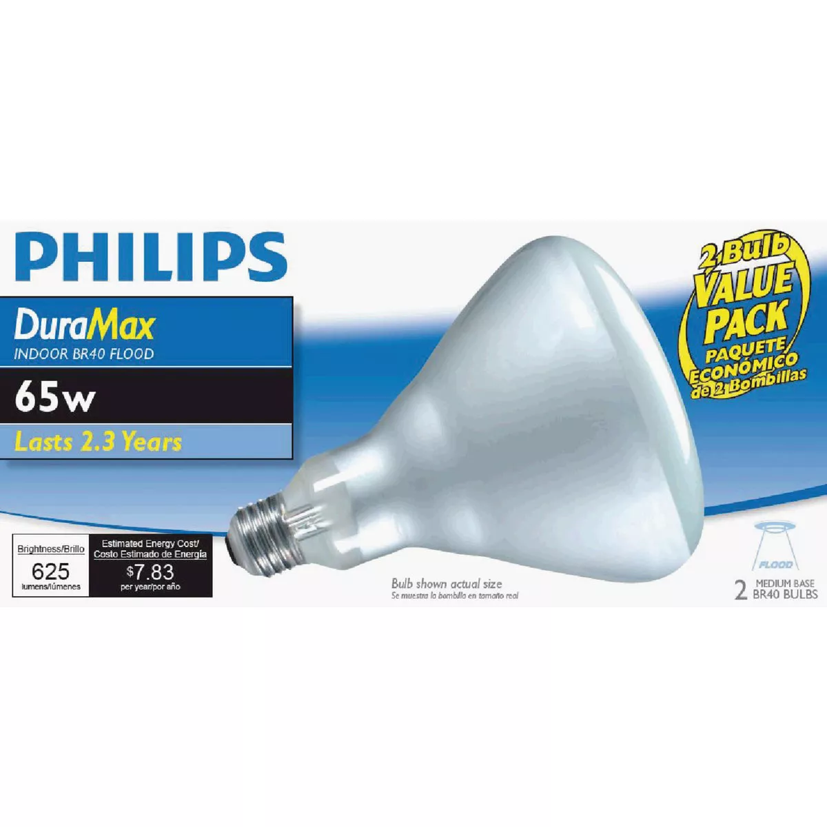 Philips DuraMax 65W Frosted Medium Base BR40 Incandescent Floodlight Light Bulb (2-Pack)