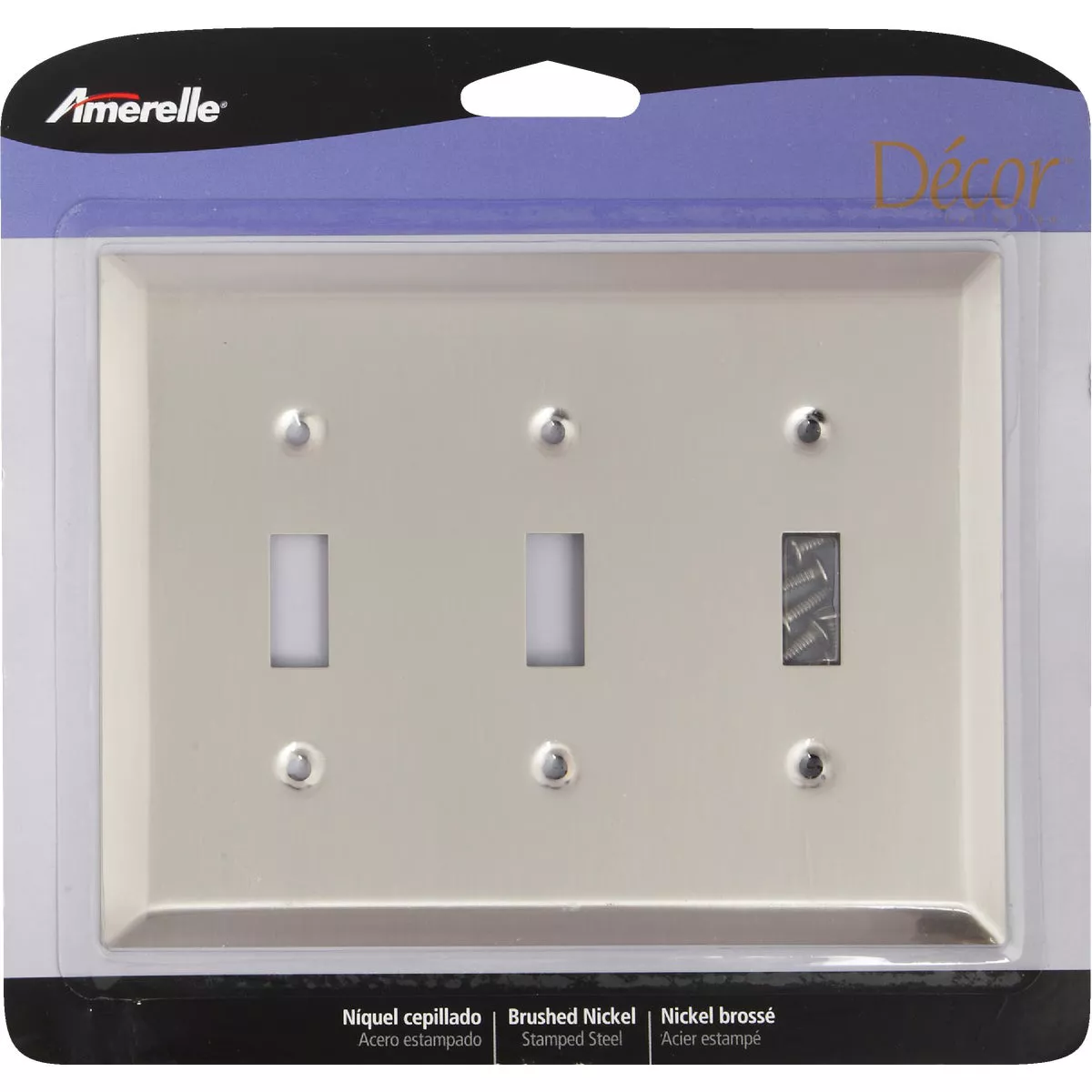 Amerelle 3-Gang Stamped Steel Toggle Switch Wall Plate, Brushed Nickel - photo 2