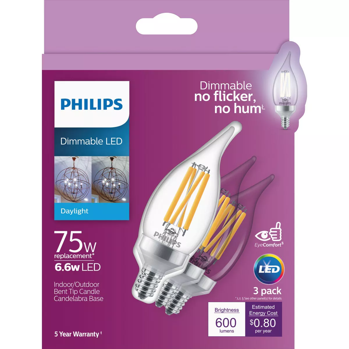 Philips 75W Equivalent Daylight BA11 Candelabra Dimmable LED Light Bulb (3-Pack) - photo 2