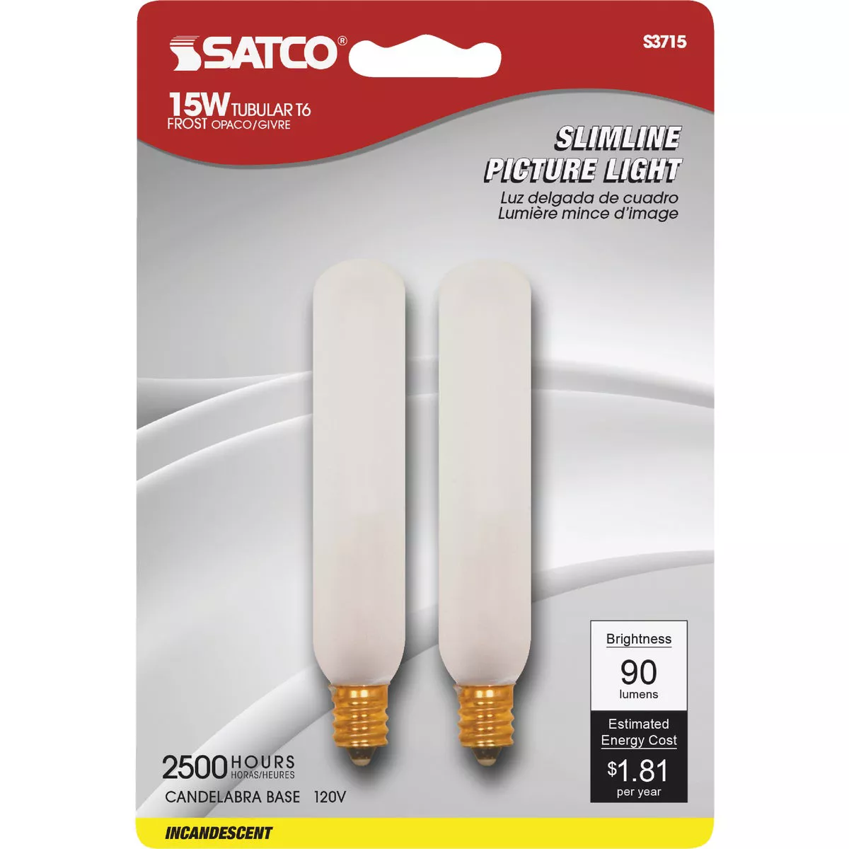 Satco 15W Frosted Candelabra Base Soft White T6 Incandescent Tubular Appliance Light Bulb (2-Pack) - photo 2