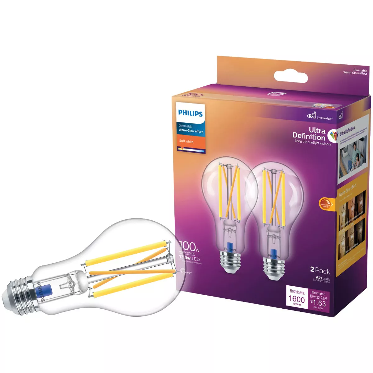 Philips Ultra Definition Warm Glow Vintage 100W Equivalent Soft White A19 Medium LED Light Bulb (2-Pack)