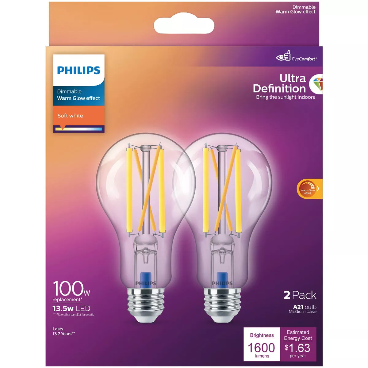 Philips Ultra Definition Warm Glow Vintage 100W Equivalent Soft White A19 Medium LED Light Bulb (2-Pack) - photo 2