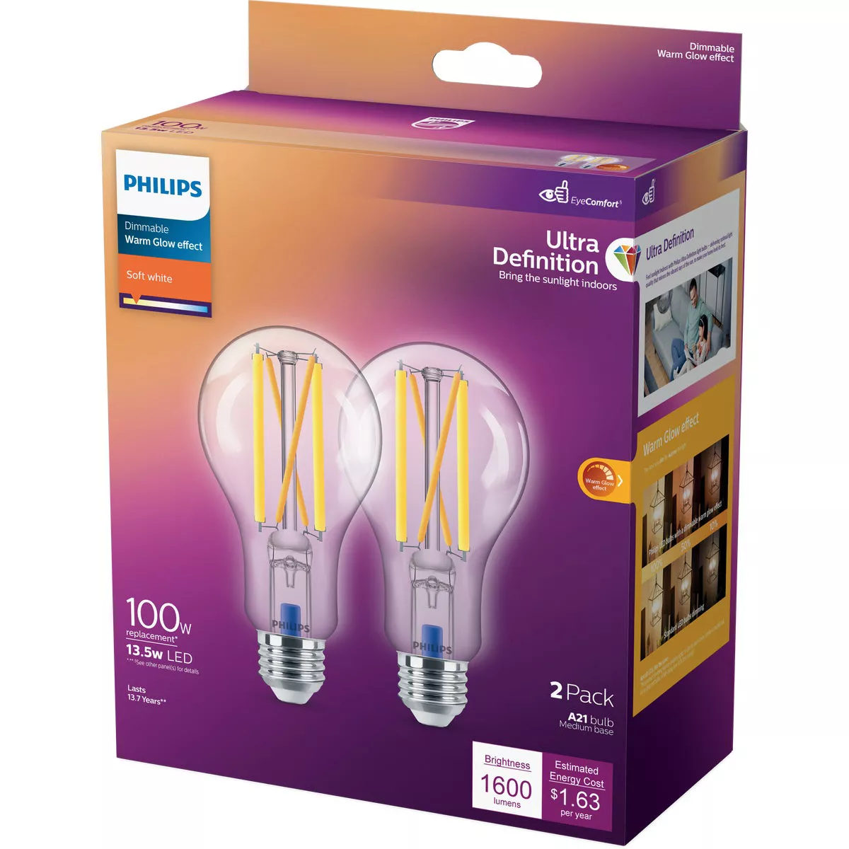 Philips Ultra Definition Warm Glow Vintage 100W Equivalent Soft White A19 Medium LED Light Bulb (2-Pack) - photo 4