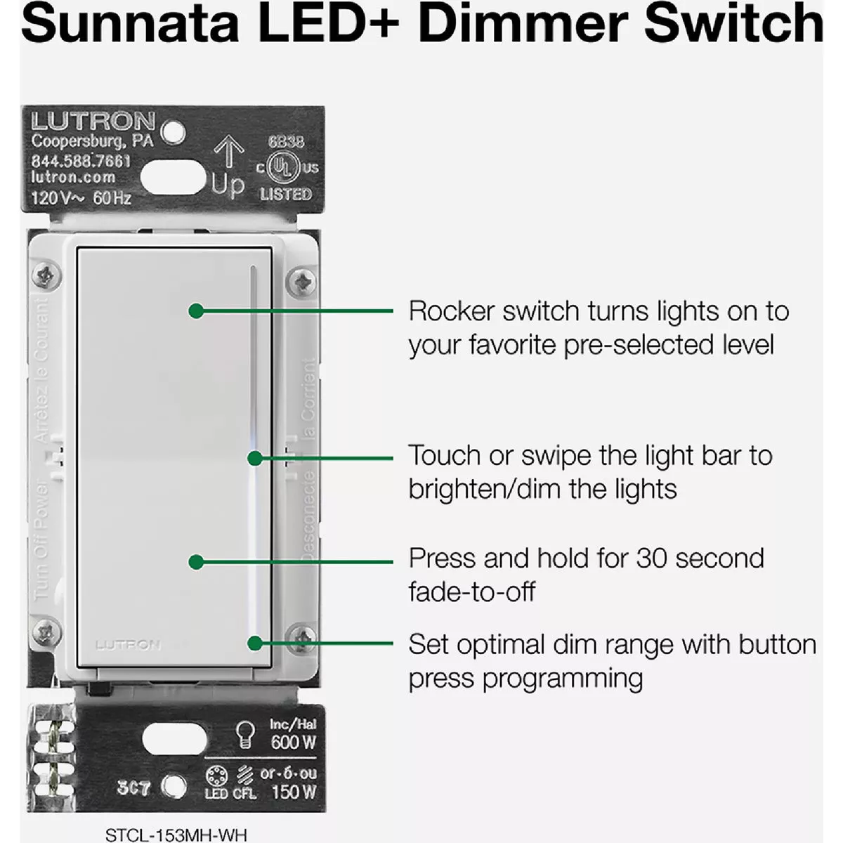 Lutron Sunnata White 150W Single-Pole/3-Way Touch Dimmer - photo 6
