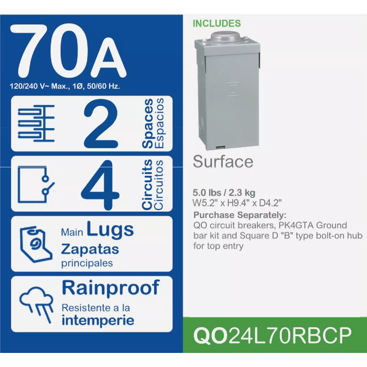 Square D QO 70A 2-Space 4-Circuit Raintight Main Lug Load Center - photo 2