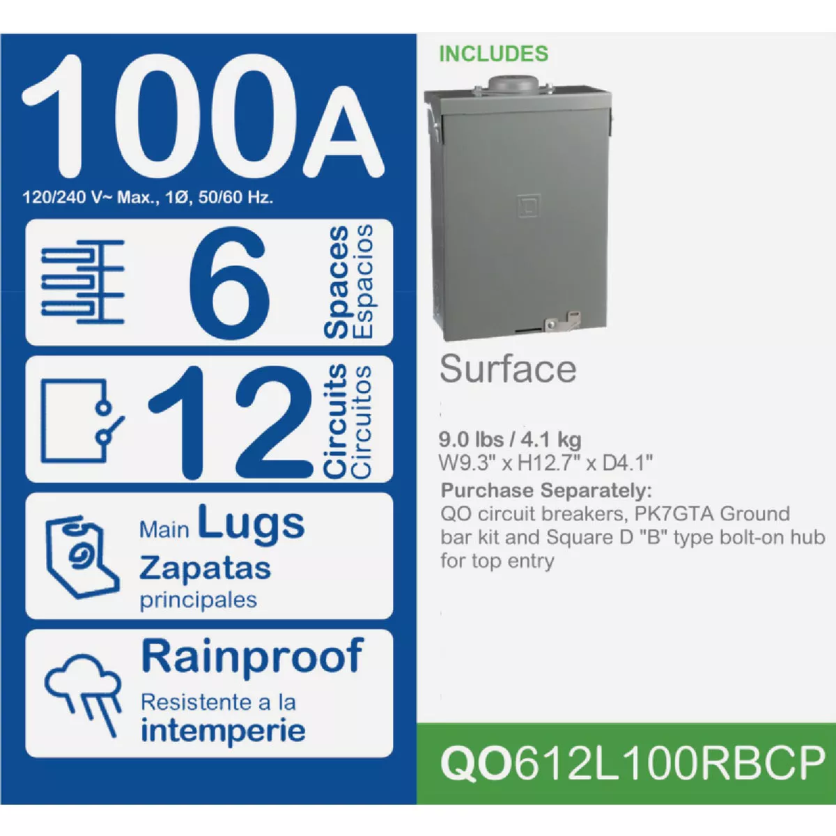 Square D QO 100A 6-Space 12-Circuit Raintight Main Lug Load Center - photo 2