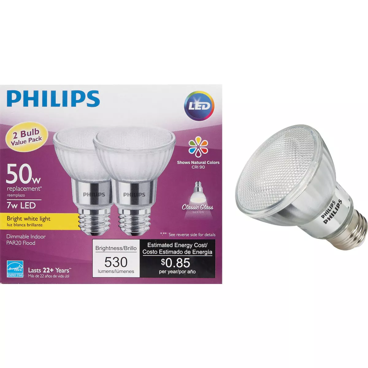 Philips 50W Equivalent Bright White PAR20 Medium Dimmable LED Floodight Light Bulb (2-Pack)
