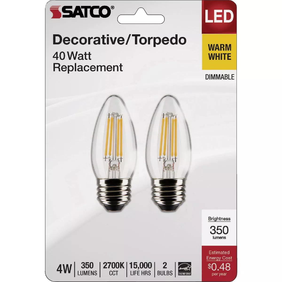 Satco 40W Equivalent Warm White B11 Medium Traditional LED Decorative Light Bulb (2-Pack) - photo 2