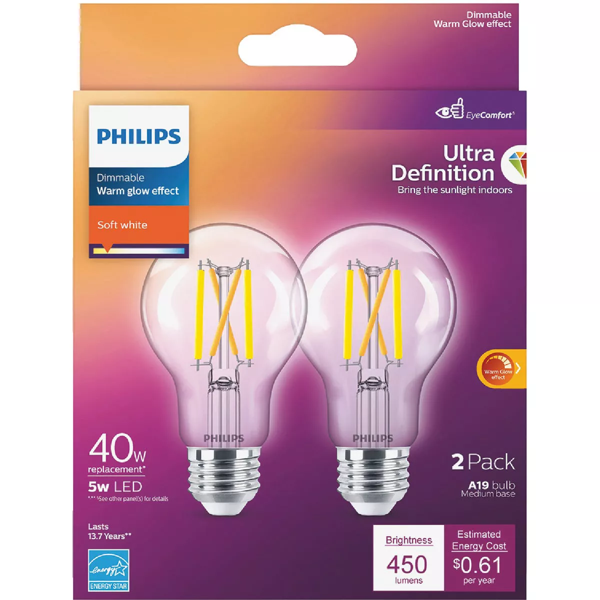 Philips Warm Glow 40W Equivalent Soft White A19 Medium Dimmable LED Light Bulb (2-Pack) - photo 2