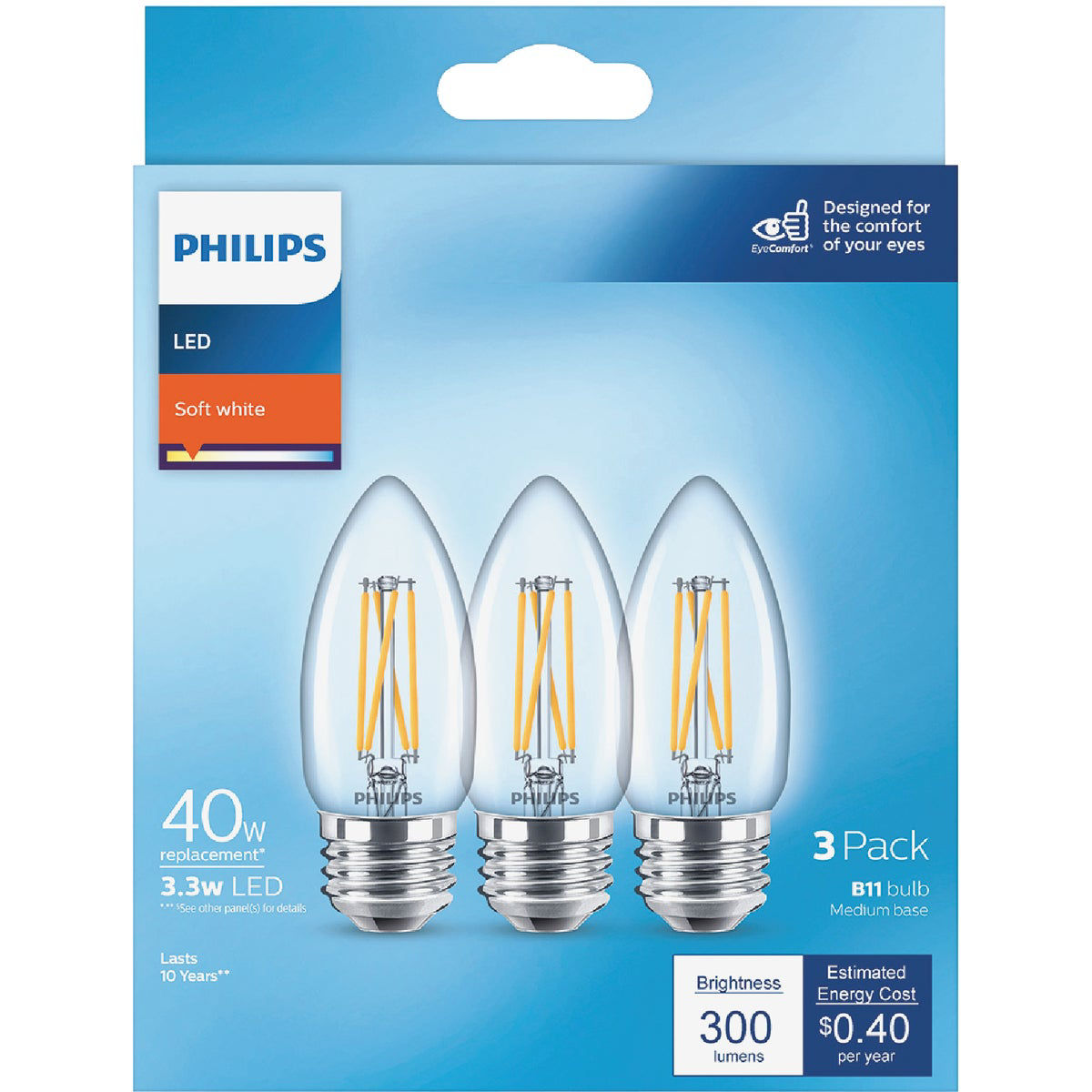 Philips 40W Equivalent Soft White B11 Medium Clear LED Decorative Light  Bulb (3-Pack)